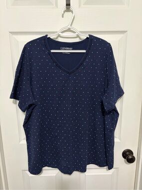 Catherines Navy V-Neck Short Sleeve Top with Red and White Dots
